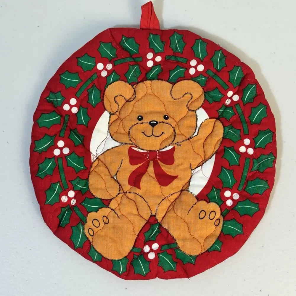 VTG Set Of 2 Christmas Teddy Bear 8.5” Round Red Quilted Fabric Pot Holder